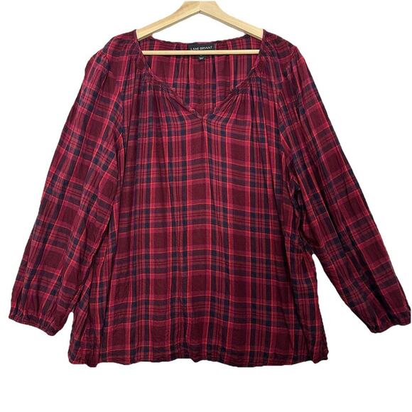 Lane Bryant Top Women 22 Red Plaid Long Sleeve Rayon Cottage Boho Peasant Preppy - Picture 1 of 11
